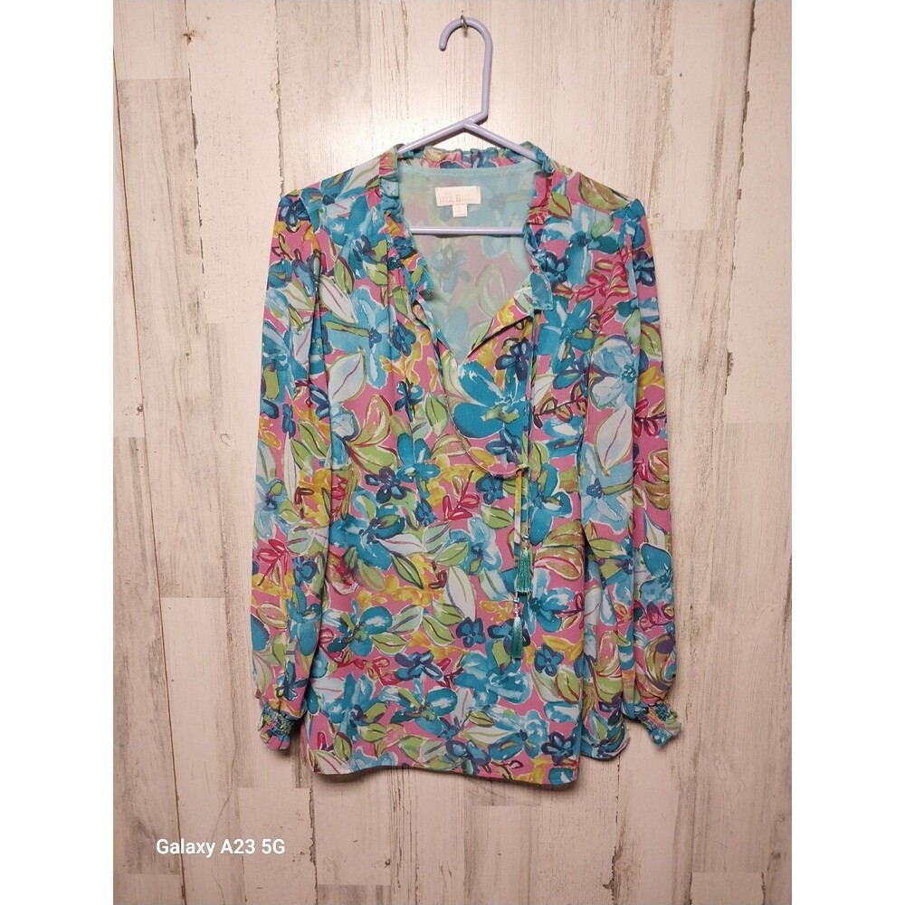 Belle by Kim Gravel Floral Print Blouse with Beaded Tassels Size Large